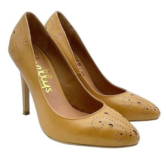 Shellys London Camel Leather Pump Perforated Tan Leather Heel Size EU 38 | US 7 - Picture 1 of 15